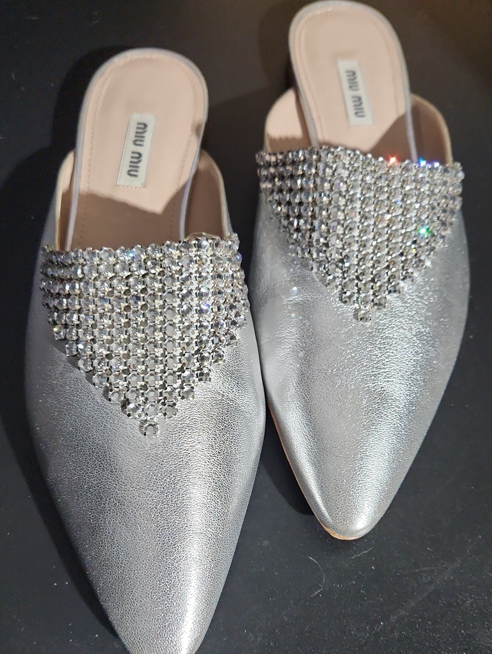 MIU MIU  Silver Crystal Embellished Flats Size 38 EU Gorgeous Bling!